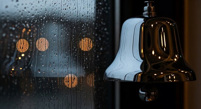 Reflective chrome bell beside a rainy window with bokeh lights effect - Powered by Adobe