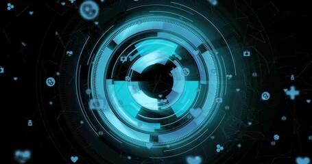 Small glowing ring initiating animation, central cyan HUD expanding, rotating rings organizing data - Powered by Adobe