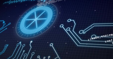 HUD wheel on load, pulsing and rotating while traces lighting and code scrolling showing data - Powered by Adobe