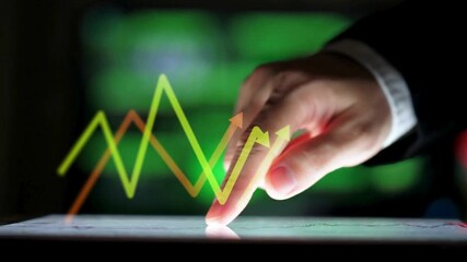 Dynamic business analysis with hand touching tablet screen showing rising market trends and data insights for confident financial planning and investment - Powered by Adobe