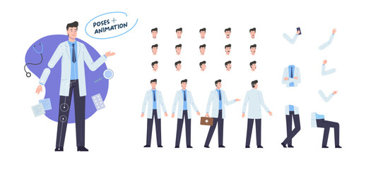 doctor character for animation. Creation set with various views, face emotions, poses and gestures.
