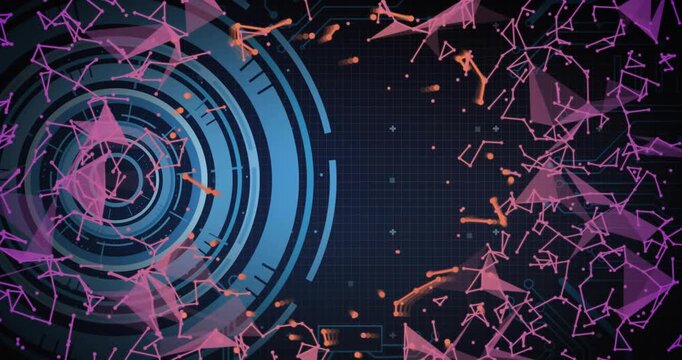 Code text appearing particle network streaming from right toward blue HUD rings showing data flow