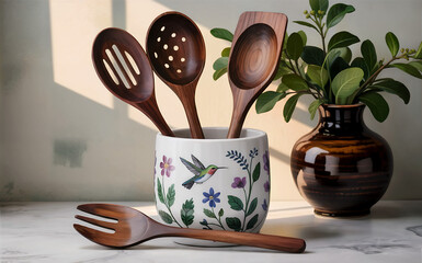 Naklejka premium Wooden kitchen utensils in decorative holder with plant and natural light