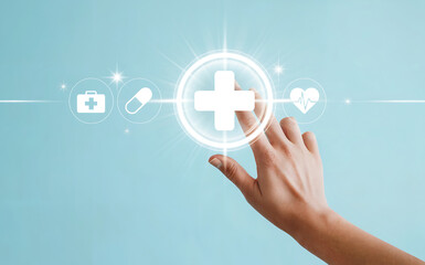 Hand touching a glowing digital medical cross icon with health care symbols like a pill, briefcase, and heart rate, representing healthcare technology and telemedicine on a blue background