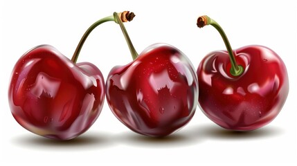 Bright Red Cherries with Water Droplets on White Background