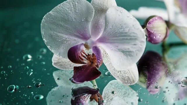 Delicate orchid flower with water drops reflecting in the mirror
