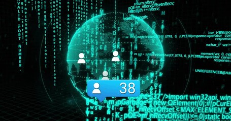 Blue bubble appearing, globe rotating as avatars orbiting and counter rising to 77, showing growth - Powered by Adobe