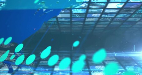 Turquoise waveform moving right while blue map sweeping in, causing number overlays showing data