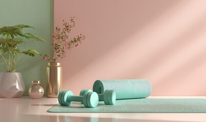 Serene workout setup with pastel walls, weights, mat, plant, and sunlight
