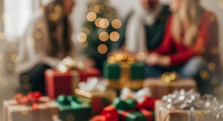 Blurred family gathering around festive Christmas presents, celebrating the holiday season with bokeh background