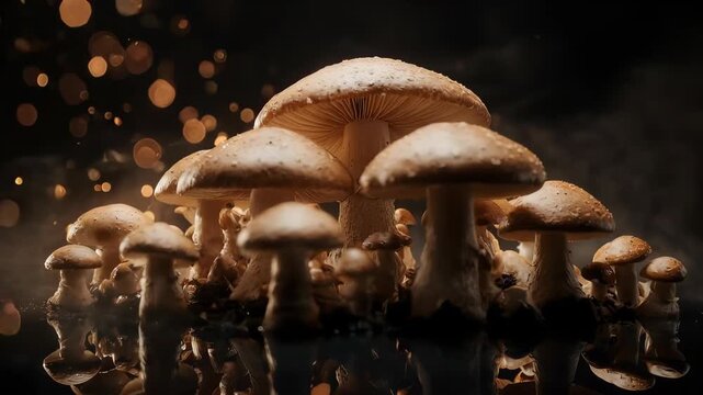 Group of mushrooms with bokeh and dark background 