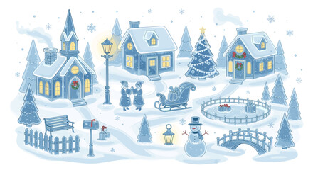 Winter scene with snow covered houses trees and people in a village setting