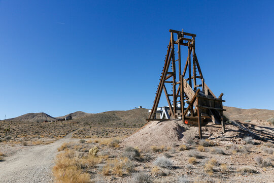Goldpoint, Nevada, USA. Old mine structure for an old mine shaft in Nevada. 