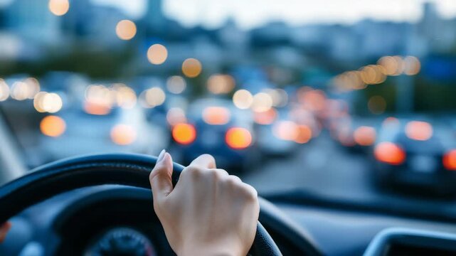 487Close-up of knuckles on steering wheel, traffic congestion ahead, urban road with multiple lanes packed with cars, subtle reflections on windshield glass