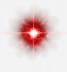 Red, glowing, petal-shaped figure with light beams on white backdrop