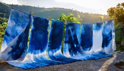 Handmade Indigo Tie Dye Fabrics Artisanal Tie Dye Cloth Drying In The Sun Natural Indigo Dyeing Process