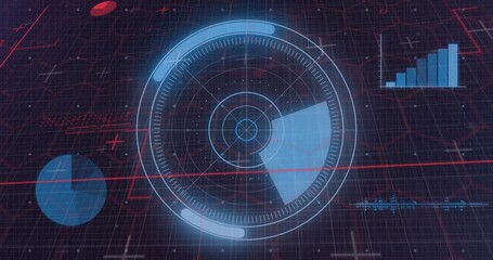 Central HUD rotating when red line crossing mid, blue sector sweeping, rings pulsing for monitoring - Powered by Adobe