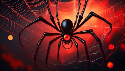 a close up of a spider hanging on its web the spider is black and has red eyes the web is glowing red the image is dark and moody
