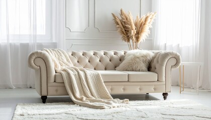 Luxurious ivory colored tufted sofa with cozy fur pillow and blanket in a bright room photo