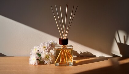 Fototapeta premium Reed Diffuser With Flowers Incense Sticks For The Home With A Floral Scent With Hard Shadows The Concept Of Eco Friendly Fragrance For The Home