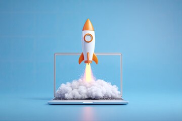 Rocket blasts off from laptop screen with smoke on light blue background