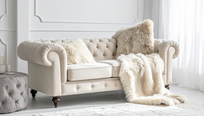 Luxurious ivory colored tufted sofa with cozy fur pillow and blanket in a bright room photo