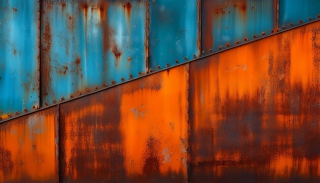 abstract grunge industrial rusty orange blue metal corten steel wall background texture banner panorama long