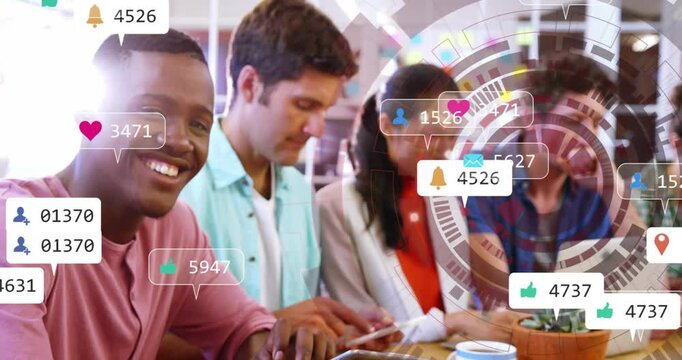 Group tapping devices social HUD adding likes and pins while tracking reach, causing man smiling