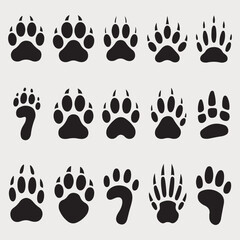Collection of diverse animal paw prints and foot tracks, a vector illustration set showcasing various wild and domestic animal footprints