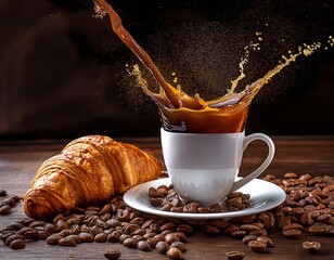 coffee splash into mug with croissants and beans