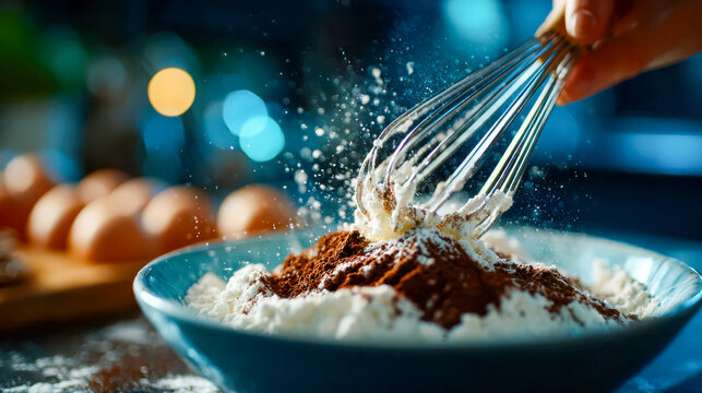 Hand whisking cocoa powder and flour in a bowl, creating a dynamic cloud of baking ingredients - Powered by Adobe