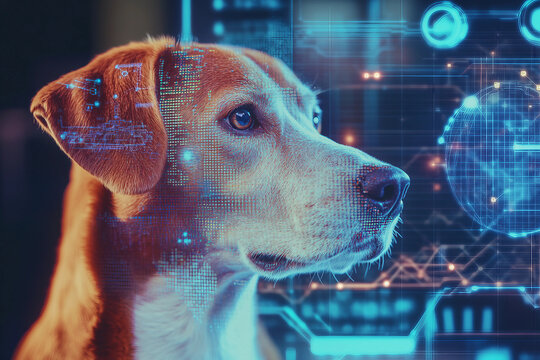 Smart Dog Connected to Virtual Network with Futuristic Digital Interface, Animal and Modern Internet Technology, Generative AI