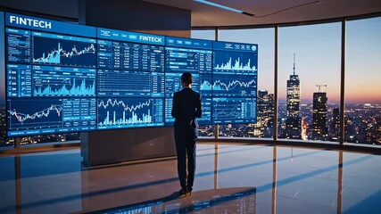 Businesswoman analyzing financial data on a large screen in a modern office overlooking a city skyline. - Powered by Adobe