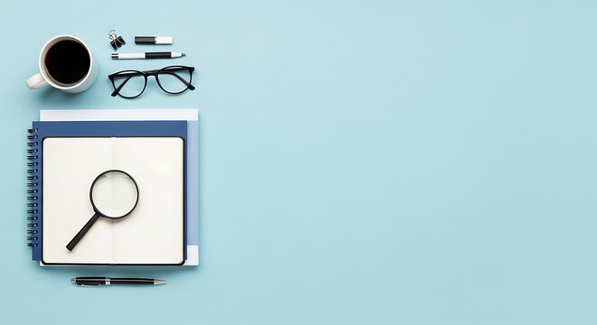Desk with magnifying glass notebook coffee and glasses for research - Powered by Adobe