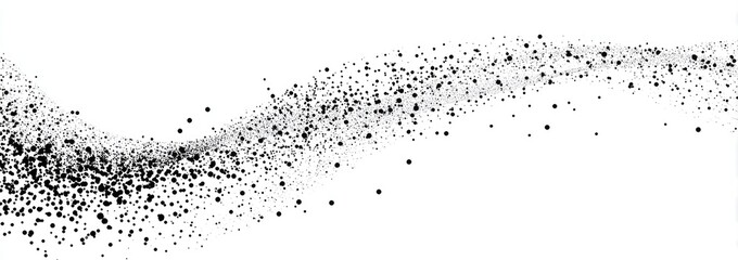 Flowing swarm of black specks in a curved path on a white background