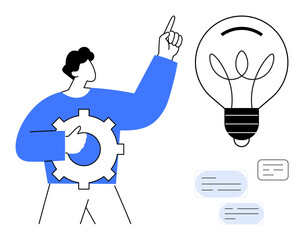 Man holding a gear pointing to a large light bulb with floating dialogue boxes. Ideal for innovation, creativity, teamwork, problem solving, brainstorming, ideas, and process optimization. Minimal