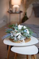 Winter Holiday Centerpiece With Pine Branches, Candles and Natural Decor