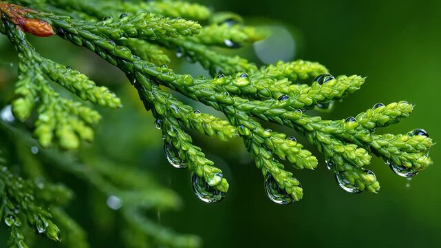 Green coniferous branch with fresh water droplets after rain
