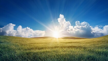 summer weather cloudscape landscape background banner blue sky with clouds and sun sunshine sunbeams sun rays