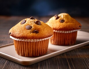 two delicious chocolate chip muffins golden brown and perfectly bak