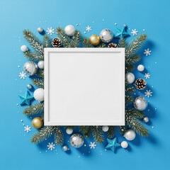 Christmas composition. Christmas frame made from winter ornaments. Flat lay, top view. 