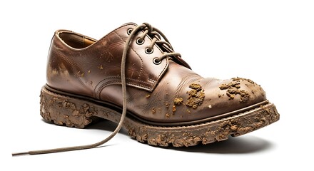 Muddy brown leather shoe with untied laces isolated on white background