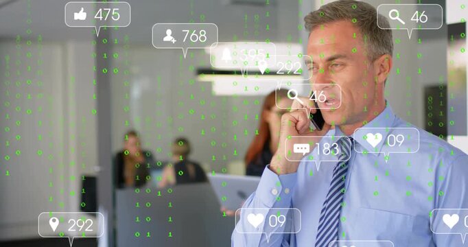 Manager on phone sparking marketing alerts, green code overlay clustering around team tracking