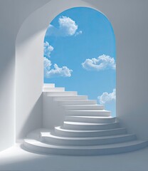 White steps ascend through archway into blue sky with fluffy clouds