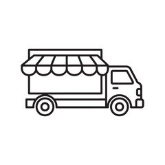 Food truck or delivery van with an awning, depicted as a simple line art icon, isolated on