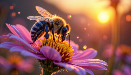 Honey bee rests on flower, collecting pollen in warm light. This honey bee forages on blossom, its body dusted with pollen. Scene honey bee gathering nectar symbolizes summer's bounty.