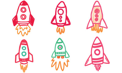 Fun rocket doodle clipart set featuring cute hand-drawn spaceships, stars, and fire details in colorful and black-and-white styles — ideal for kids’ crafts, coloring pages, and space-themed projects.