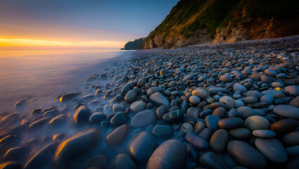 Vibrant sunset over a serene pebble beach with smooth ocean water and a dramatic cliffside coastline.
