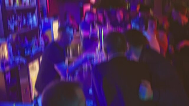 vibrant nightlife gathering, friends unite at energetic pub, festive scene with dancing under luminous lights, lively social environment where friends dance amidst bright lights and joyful sounds