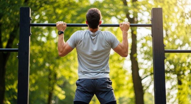 Man doing pull ups on a bar in a park with green trees in the background during the daytime outdoors